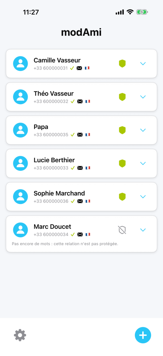 L'accueil de Modami, avec la liste des contacts de confiance