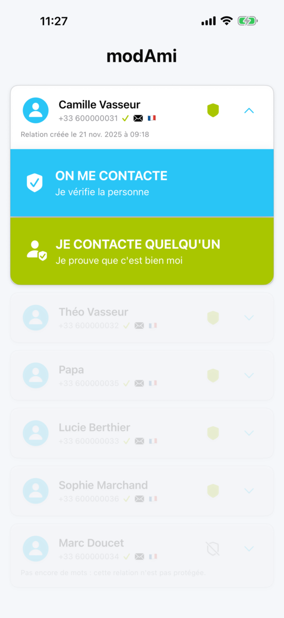 La tuile d'un contact ouverte : « On me contacte » ou « Je contacte quelqu'un »