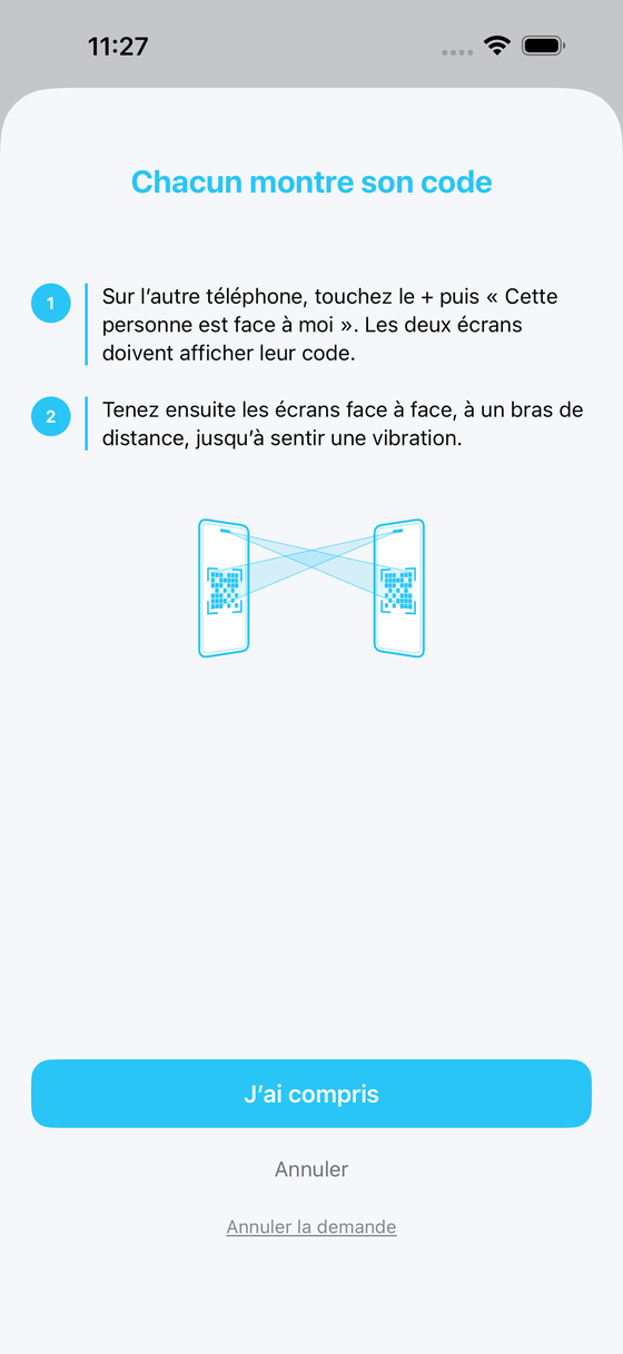 L'écran « Chacun montre son code » : deux téléphones face à face