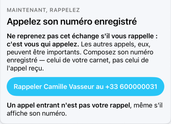 L'écran « Appelez son numéro enregistré » avec le bouton qui compose le numéro du carnet