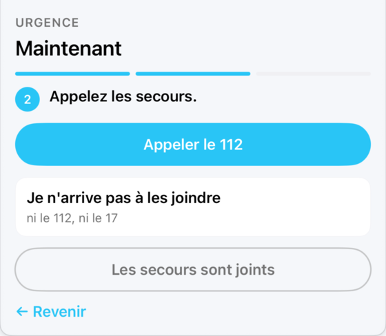 L'écran d'urgence « Appelez les secours » avec le bouton « Appeler le 112 »