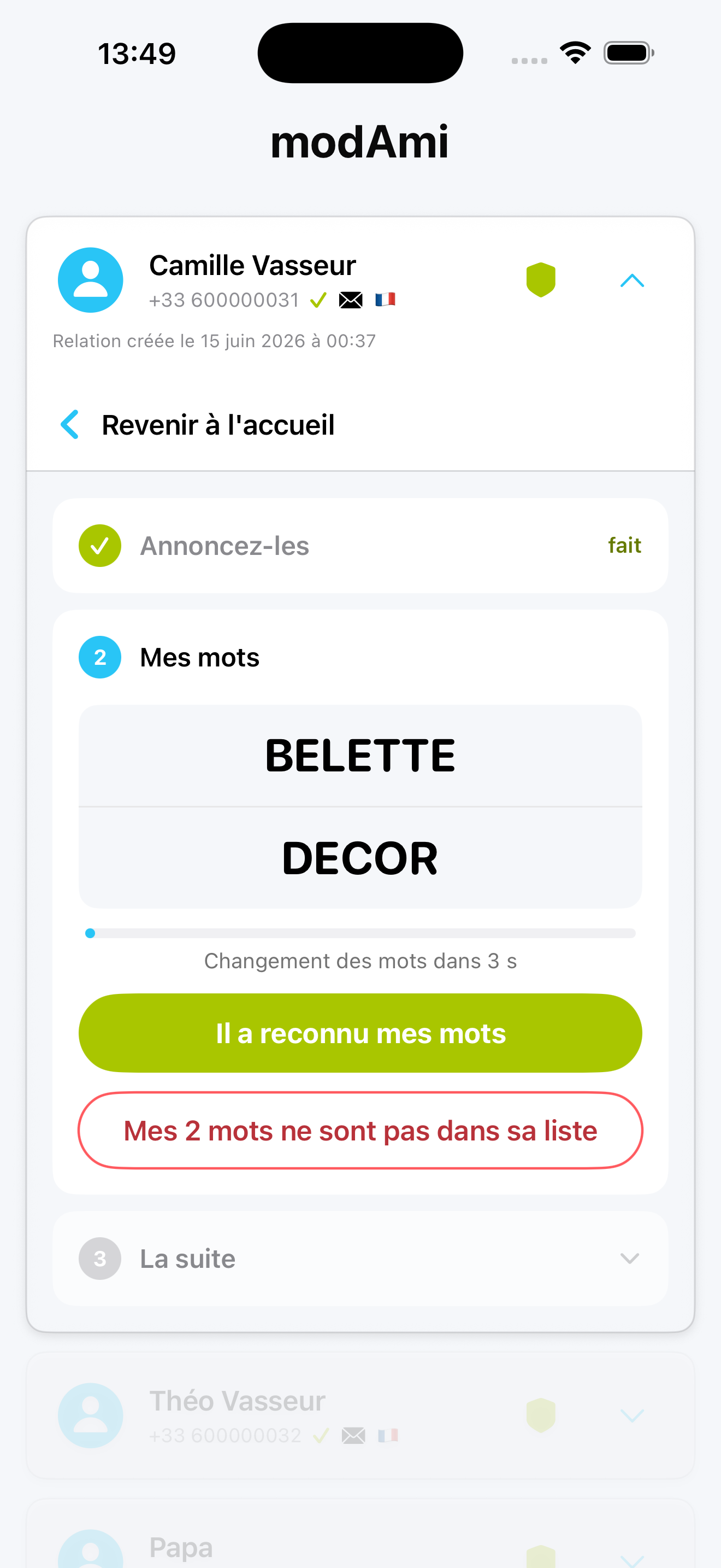 Écran présentant les deux mots à lire dans modAmi